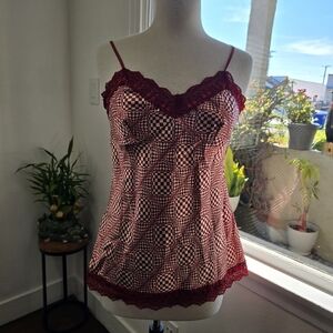 Paper Tag Vintage  Y2k Wine-Print Lace-Trim Camisole with Adjustable Straps